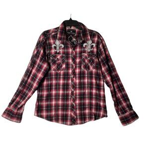 Buckle Pop Icon Western Shirt Men Size XL Red Black Plaid Long Sleeve Embroidery